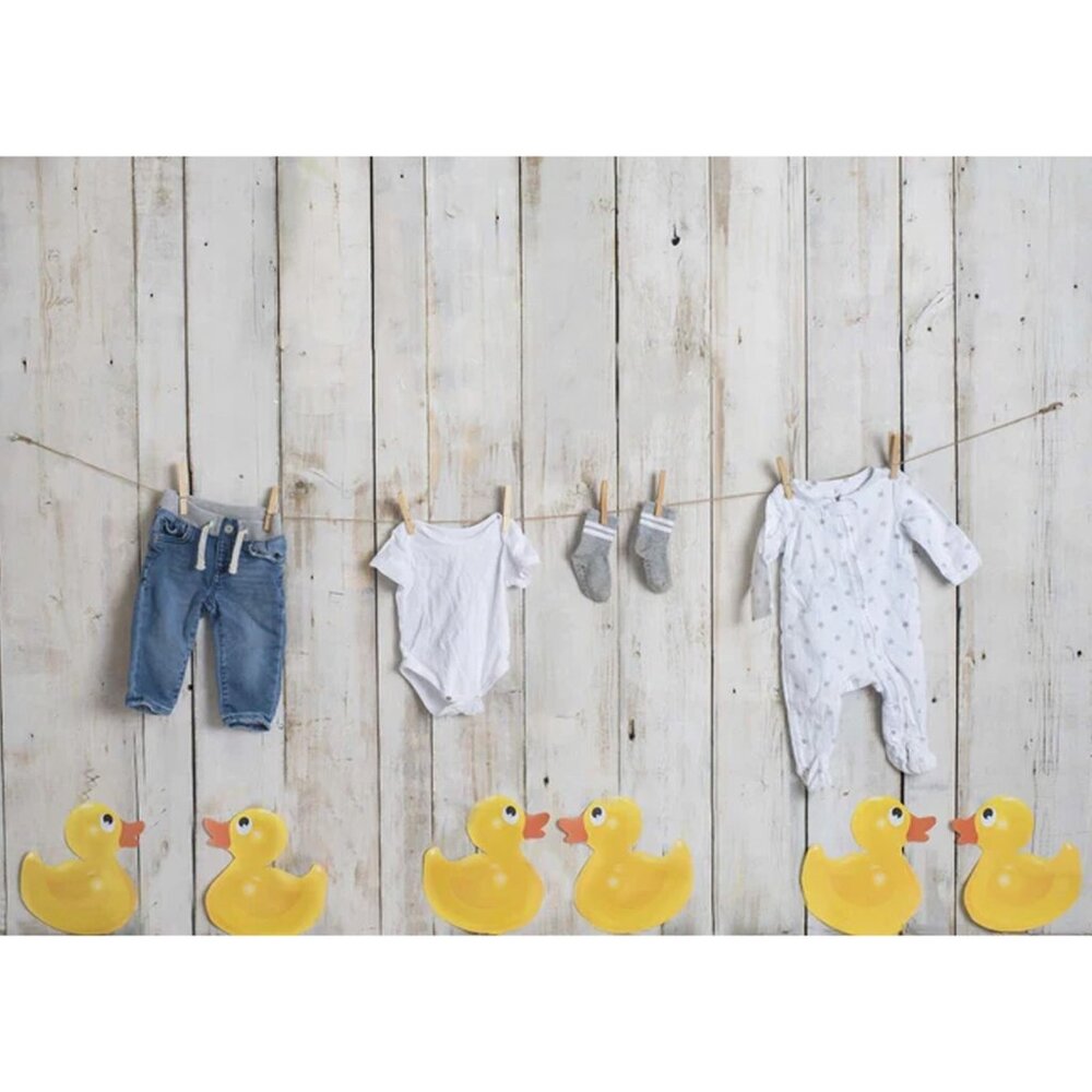 Kate Backdrop Fabric 5'x7' White Wood Wall Rubber Ducks Clothesline Bubble Bath